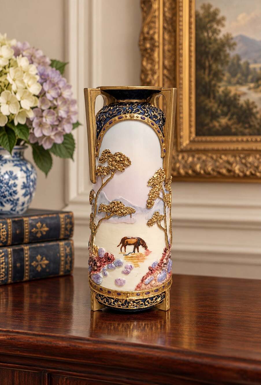 Vintage Sahiba Vase Hand Painted Horse Tree Mountains Flower Vase